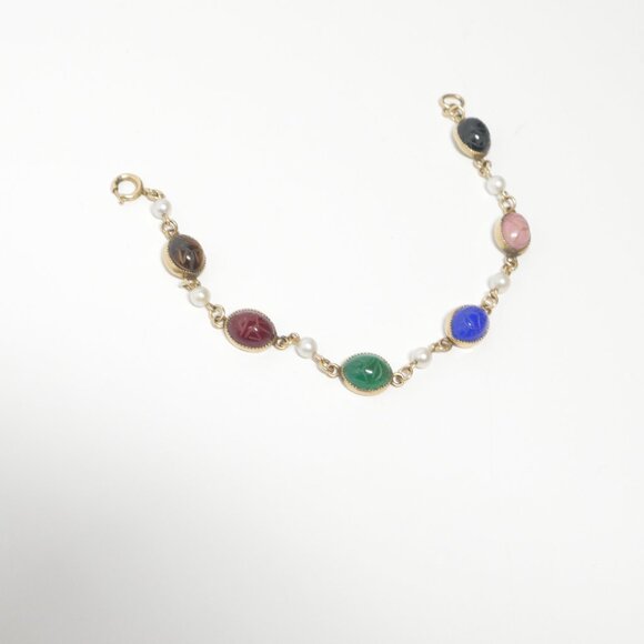 Scarab Bracelet 1/20 12KGF 12 kt Gold Filled Carved Semi Precious Stones Vintage - Picture 3 of 8